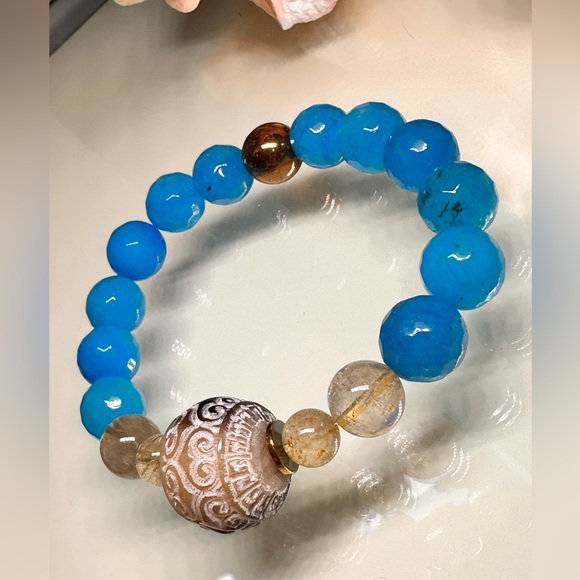 BLUE AGATE + JAK HORNS NATURAL STONES BRACELET size 7.5” - Picture 5 of 13